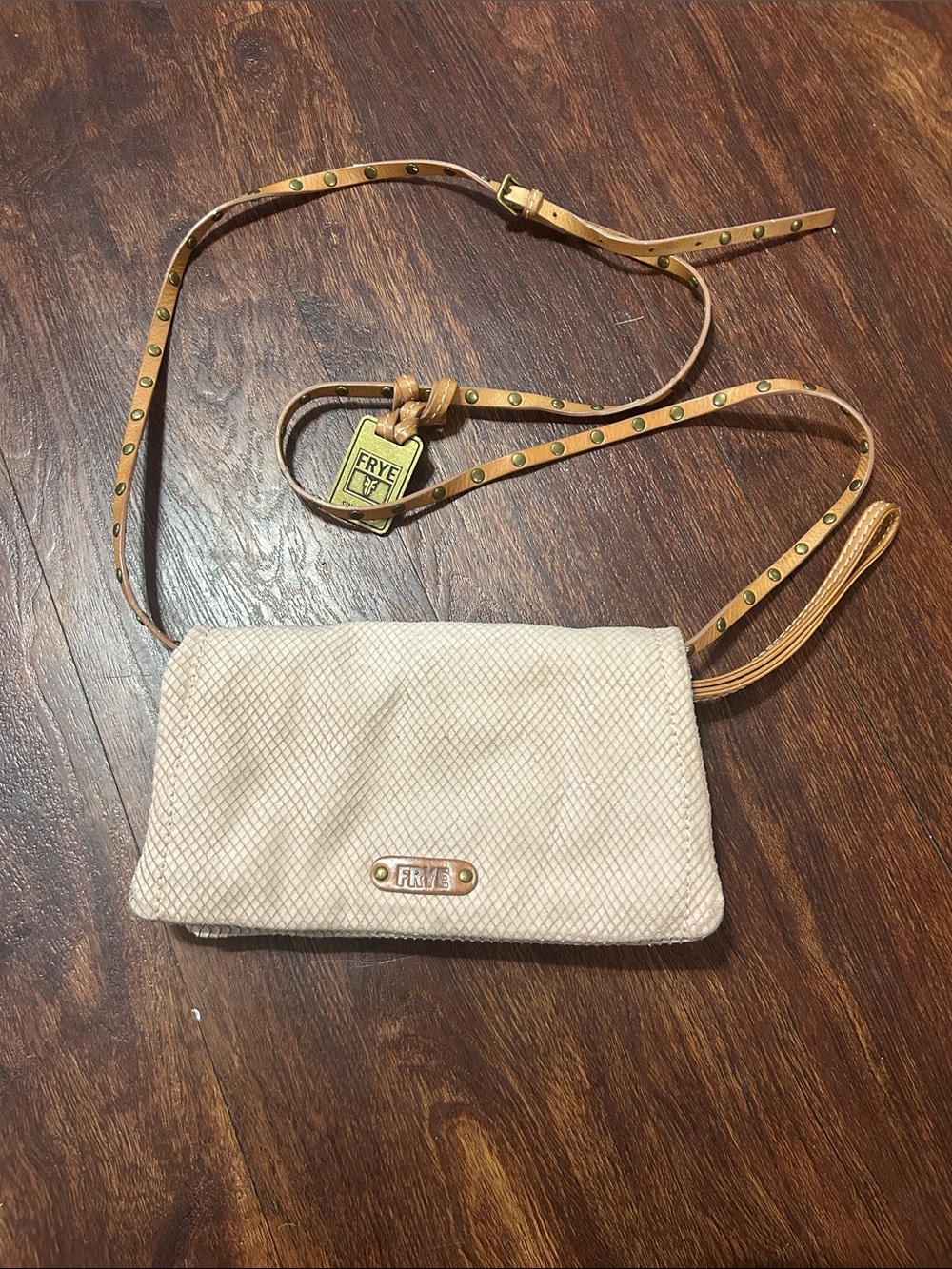 Frye Cream Textured Crossbody with Studded Tan Strap